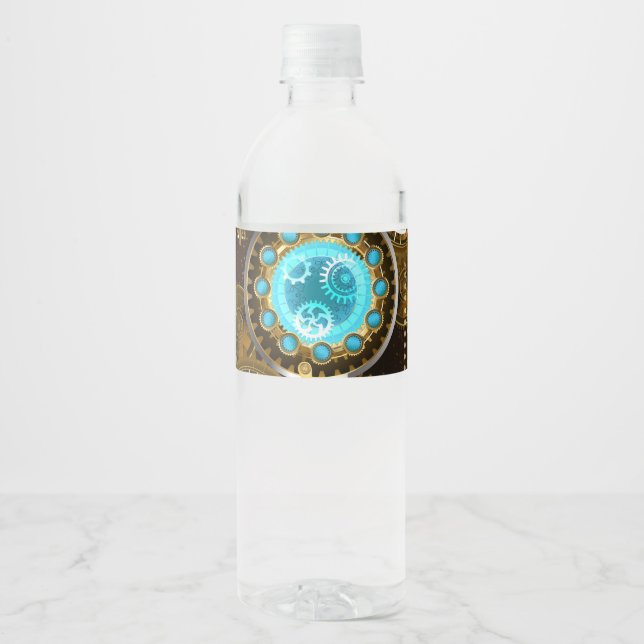 Steampunk Rusty Background with Turquoise Lenses Water Bottle Label (Front)