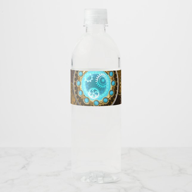 Steampunk Rusty Background with Turquoise Lenses Water Bottle Label (Front)