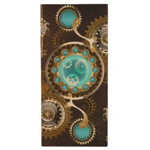 Steampunk Rusty Background with Turquoise Lenses Wood USB Flash Drive
