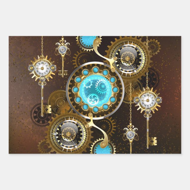 Steampunk Rusty Background with Turquoise Lenses Wrapping Paper Sheet (Front)