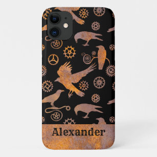 Steampunk Rusty Gears and Crows Custom Name iPhone 11 Case