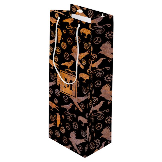 Steampunk Rusty Gears and Crows Monogram Block Wine Gift Bag (Front Angled)