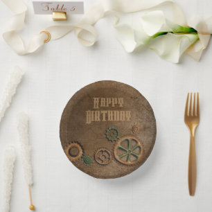 Steampunk Rusty Gears Happy Birthday Paper Plates