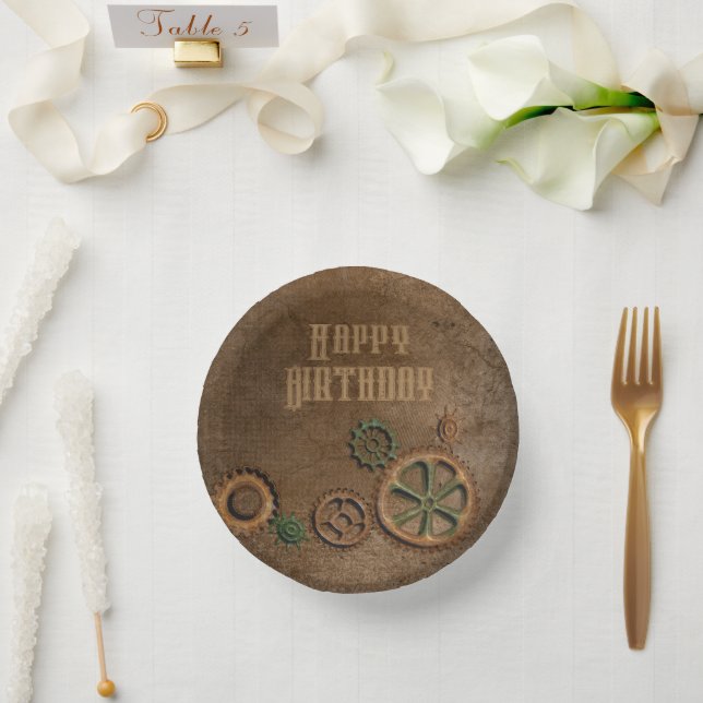 Steampunk Rusty Gears Happy Birthday Paper Plates (Wedding)