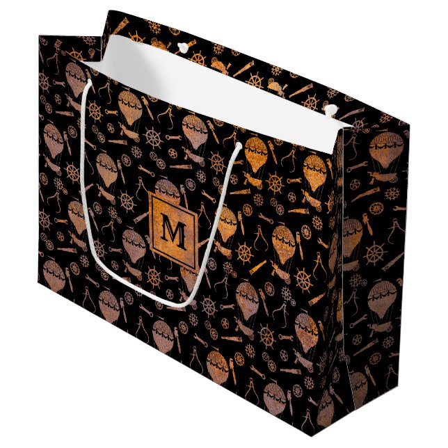 Steampunk Rusty Hot Air Balloons Monogram Block Large Gift Bag (Front Angled)