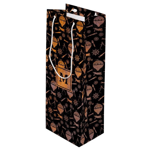 Steampunk Rusty Hot Air Balloons Monogram Block Wine Gift Bag (Front Angled)