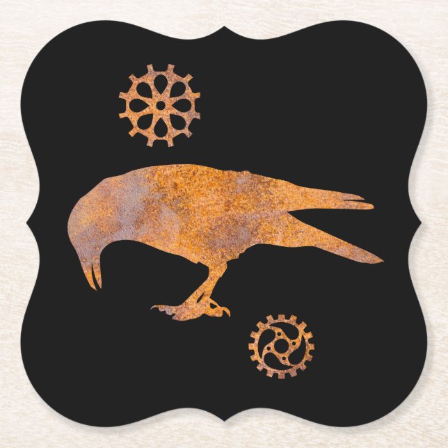 Steampunk Rusty Pecking Crow and Gears Paper Coaster (Front)