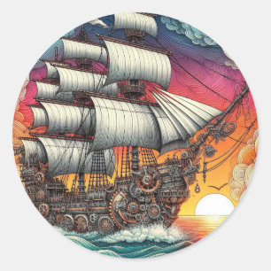 STEAMPUNK SAILING SHIP SUNSET CLASSIC ROUND STICKER