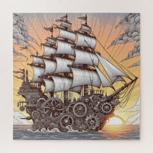 STEAMPUNK SAILING SHIP SUNSET JIGSAW PUZZLE