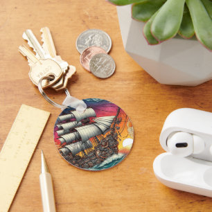 STEAMPUNK SAILING SHIP SUNSET KEY RING