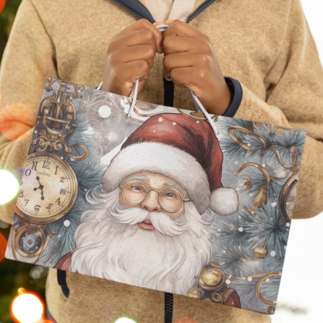Steampunk Santa Claus Clock Work and Snowy Trees Large Gift Bag (Steampunk Santa festive holiday large gift bags for the holiday season. )