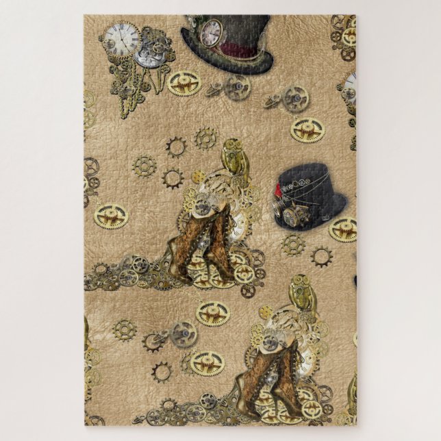 Steampunk Sculptures on Tan Leather Texture Jigsaw Puzzle (Vertical)