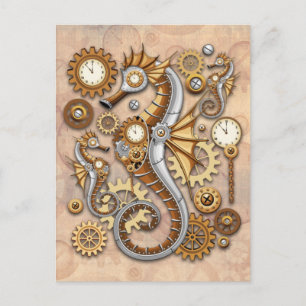 Steampunk Seahorse Vintage Surreal Art Postcard