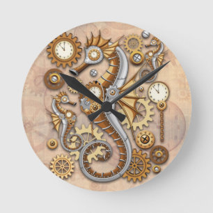 Steampunk Seahorse Vintage Surreal Art Round Clock