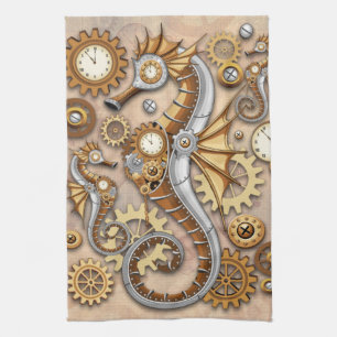 Steampunk Seahorse Vintage Surreal Art Tea Towel