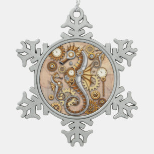 Steampunk Seahorse Vintage Surreal Snowflake Pewter Christmas Ornament