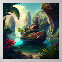 Steampunk ship in a jungle magic realism -  IA art