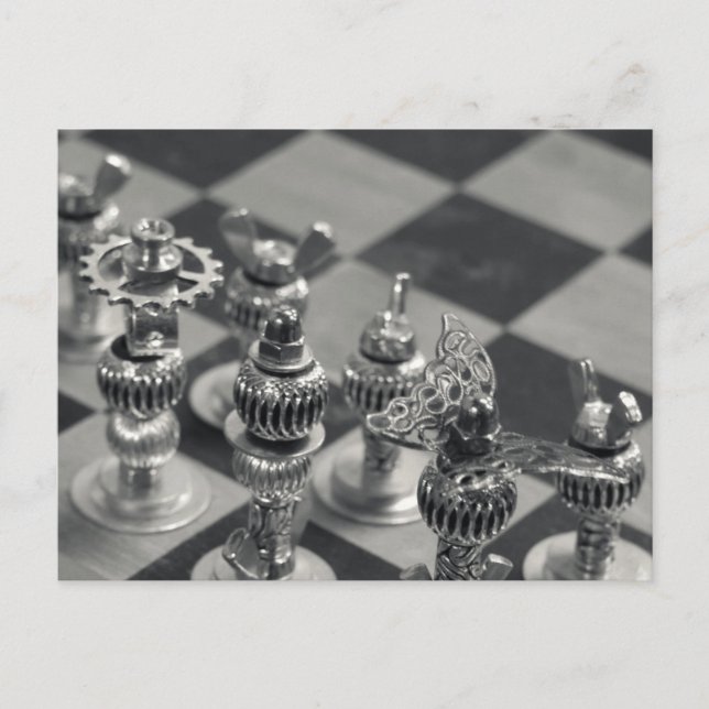 Steampunk Silver Chess Figure Pieces Postcard (Front)
