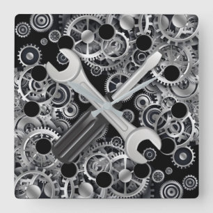 Steampunk Silver Gears & Tools Square Wall Clock