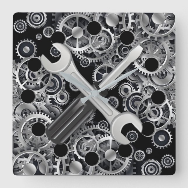 Steampunk Silver Gears & Tools Square Wall Clock (Front)