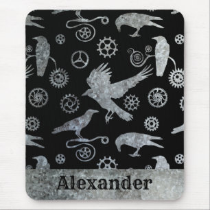 Steampunk Silver Zinc Gears and Crows Custom Name Mouse Mat