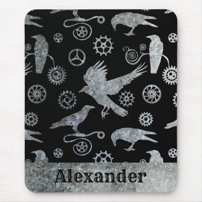 Steampunk Silver Zinc Gears and Crows Custom Name Mouse Mat (Front)