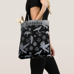 Steampunk Silver Zinc Gears and Crows Custom Tote Bag