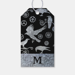 Steampunk Silver Zinc Gears and Crows Monogram Gift Tags