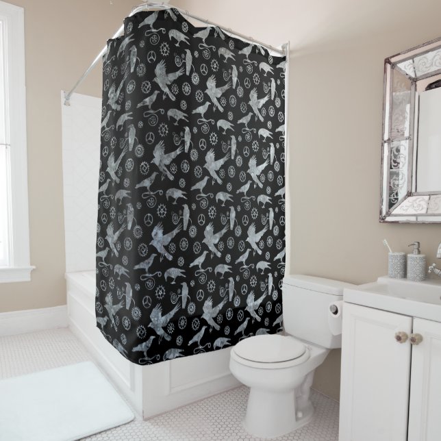 Steampunk Silver Zinc Gears and Crows Shower Curtain (In Situ)
