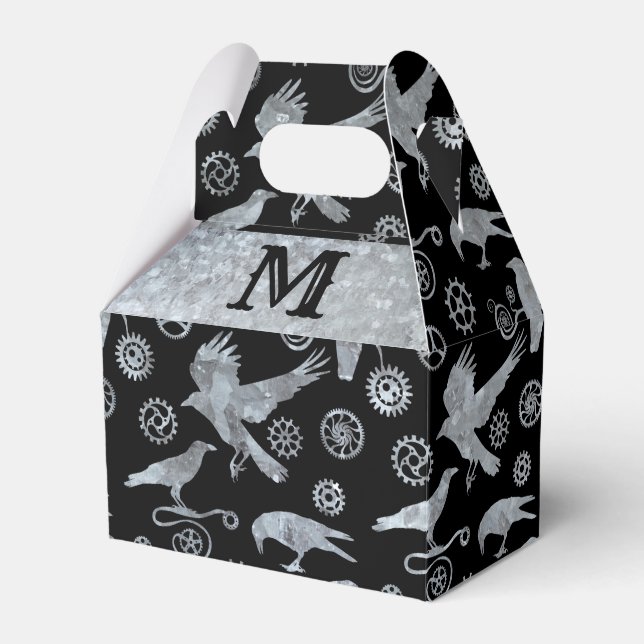 Steampunk Silver Zinc Gears & Crows Monogram Gable Favour Box (Front Side)