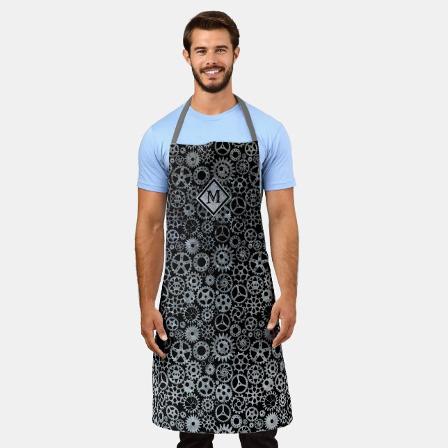 Steampunk Silver Zinc Gears Custom Monogram Apron (Worn)