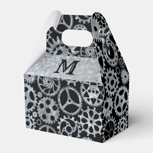 Steampunk Silver Zinc Gears Custom Monogram Gable Favour Box (Front Side)