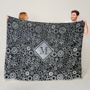 Steampunk Silver Zinc Gears Custom Monogram II Fleece Blanket