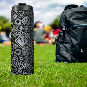 Steampunk Silver Zinc Gears Custom Monogram Thermal Tumbler