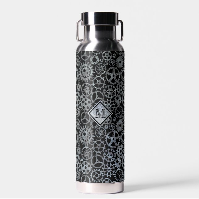 Steampunk Silver Zinc Gears Custom Monogram Water Bottle (Front)