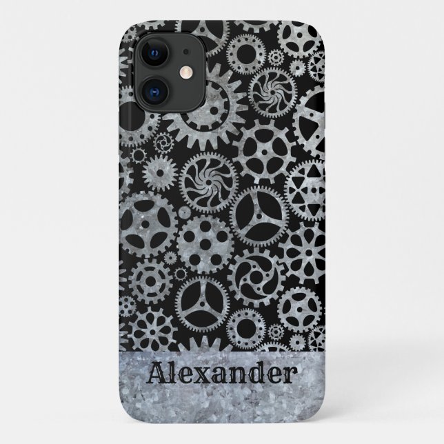 Steampunk Silver Zinc Gears Custom Name Case-Mate iPhone Case (Back)