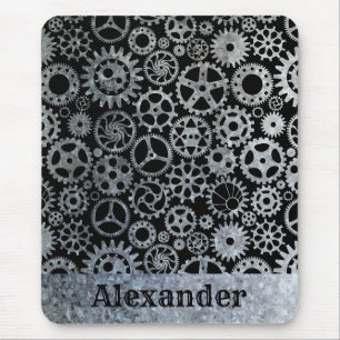 Steampunk Silver Zinc Gears Custom Name Mouse Mat