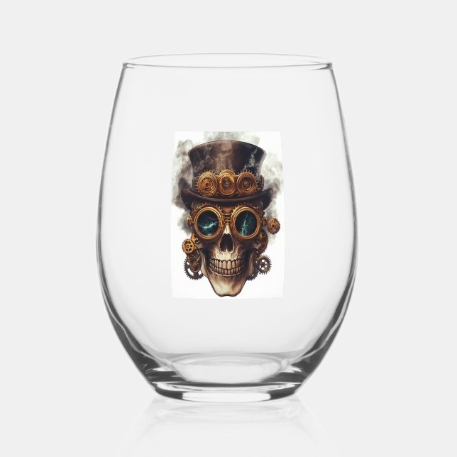 Steampunk Skull Engine Stemless Wine Glass (Front)