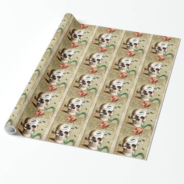 Steampunk Skull Floral Writing Hall Wrapping Paper (Unrolled)
