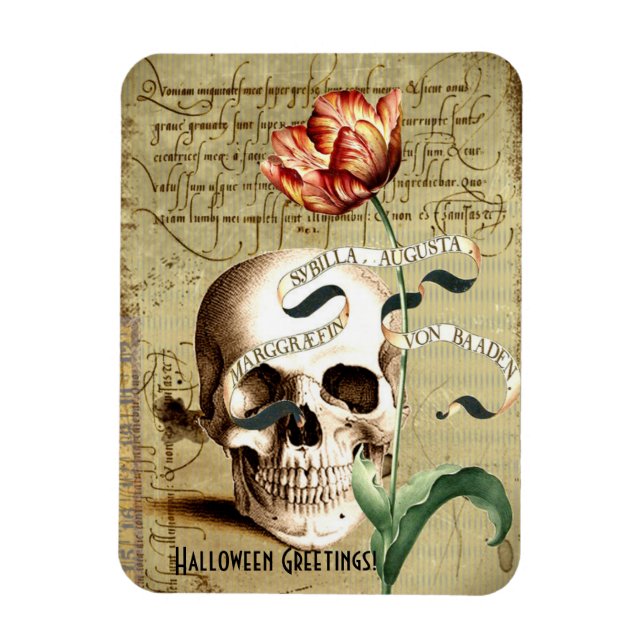 Steampunk Skull Floral Writing Halloween Magnet (Vertical)