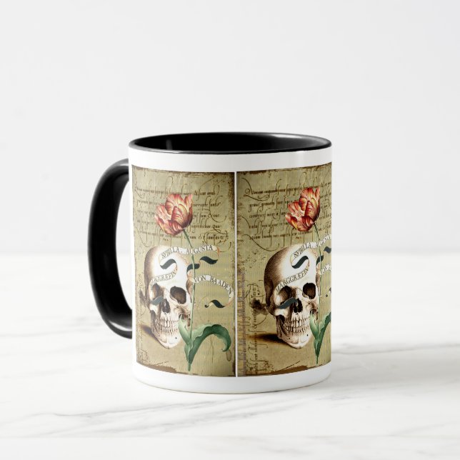 Steampunk Skull Floral Writing Halloween Mug (Front Left)