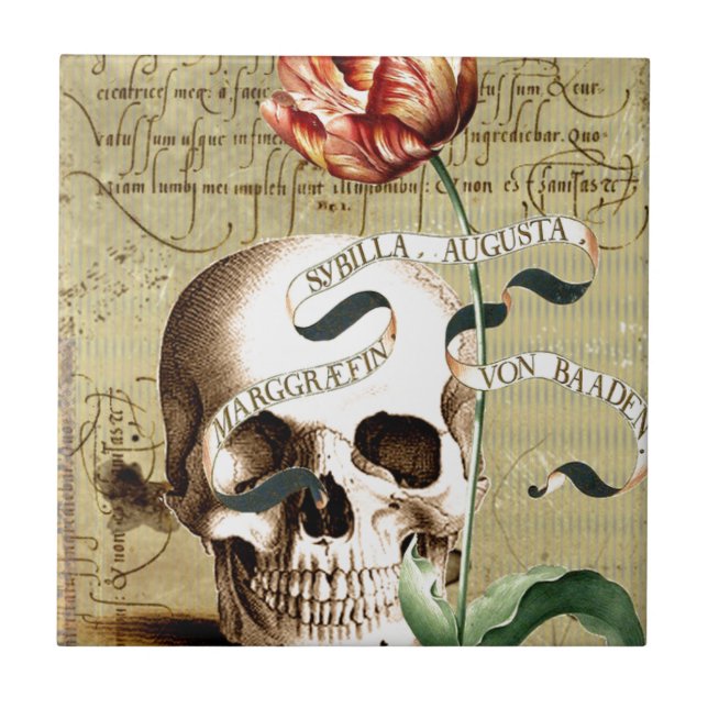 Steampunk Skull Floral Writing Halloween Tile (Front)