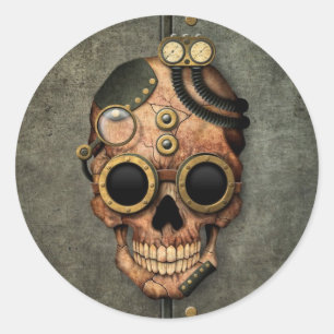 Steampunk Skull with Goggles - Steel Effect Classic Round Sticker