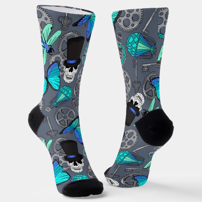 Steampunk Skulls in Top Hats Patterned Wedding Socks (Angled)