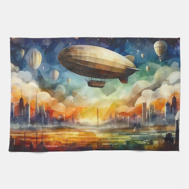 Steampunk Skyline w/ Zeppelin Kitchen Towel (Horizontal)