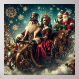 Steampunk Sled ~ Santa With Wife & Elves 03 XX Poster