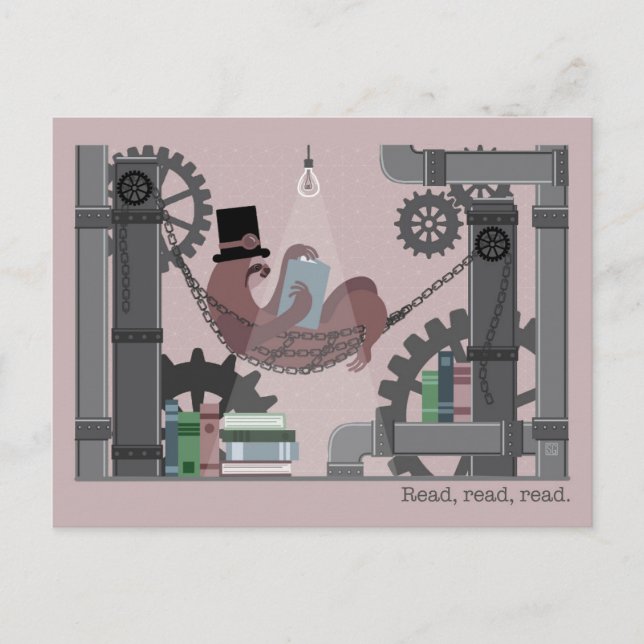 Steampunk Sloth Reading Postcards (Front)
