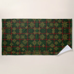 Steampunk Snowflake Red and Green Tartan Beach Towel