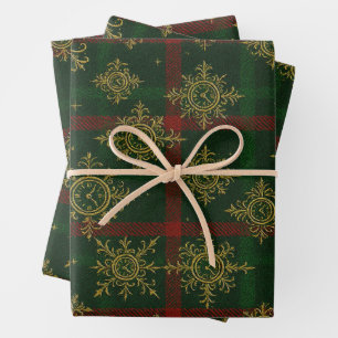 Steampunk Snowflake Red and Green Tartan Wrapping Paper Sheet