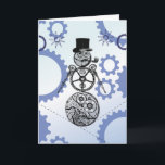 Steampunk Snowman Gearry Christmas Card<br><div class="desc">We wish you a "Gearry Christmas"! Steampunk Snowman Gearry Christmas Card features a unique snowman made from clock works and gears. This fine fellow has a fine top hat, pipe and buttons made from gears. His arms are clock hands. Their are gear snowflakes falling from the sky and a gear...</div>